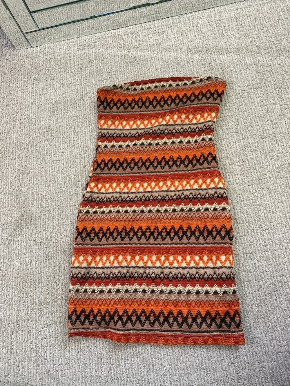 Striped Knit Strapless Mini Dress in Orange and Brown